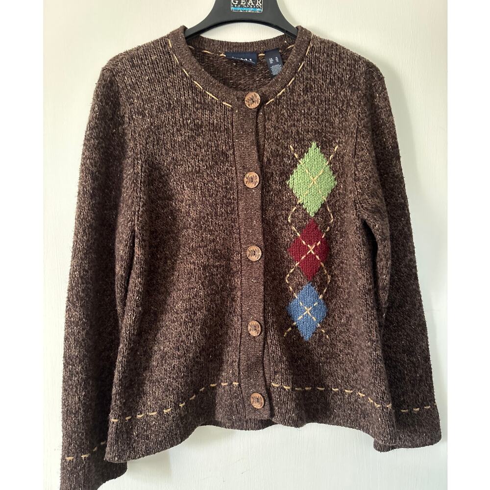 Liz Claiborne Crazy Horse Y2K Argyle Cardigan Sweater XL Cabin Core Acaademia